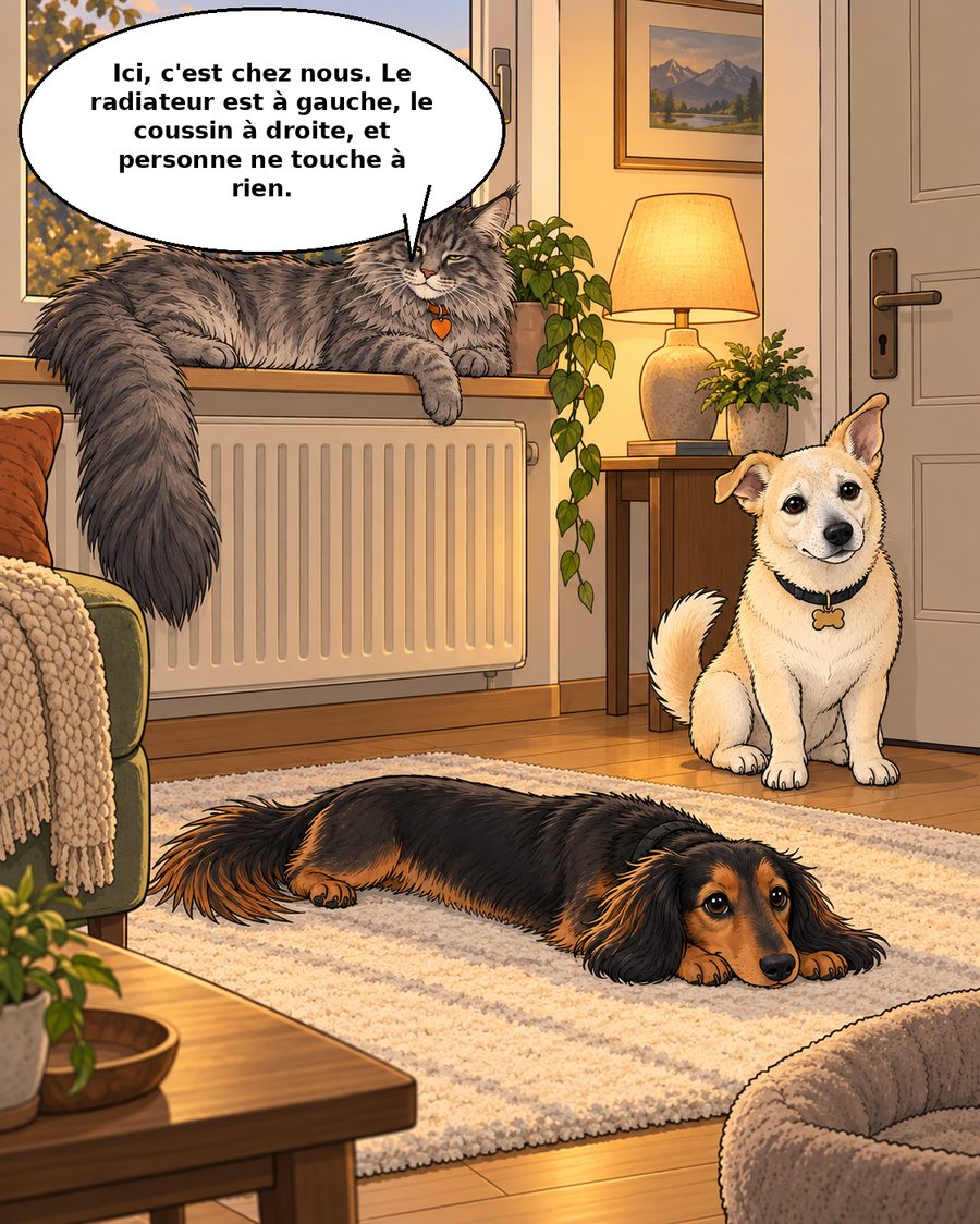 Un chat, un teckel et un vieux chien beige dans un salon suisse, chacun à sa place.