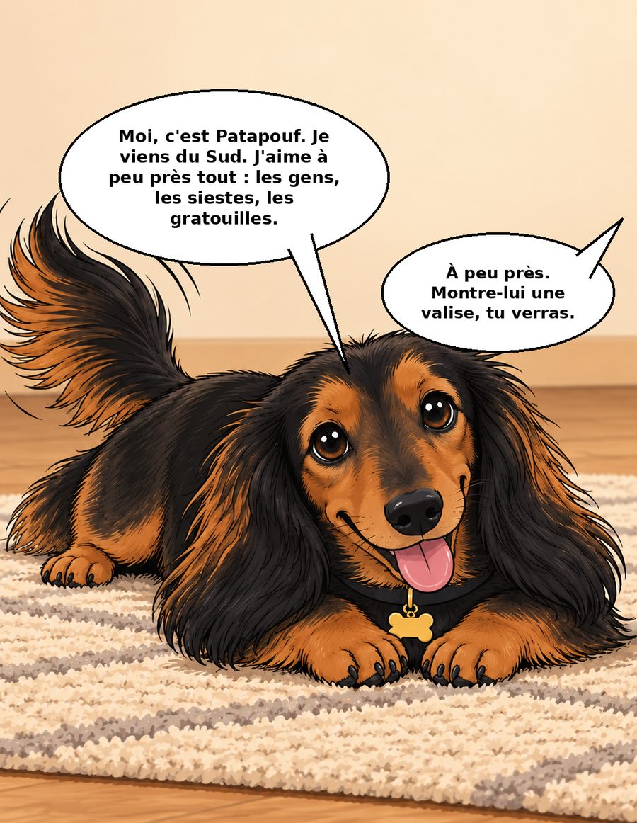 Gros plan sur le teckel à poil long, couché sur le tapis, visiblement content.