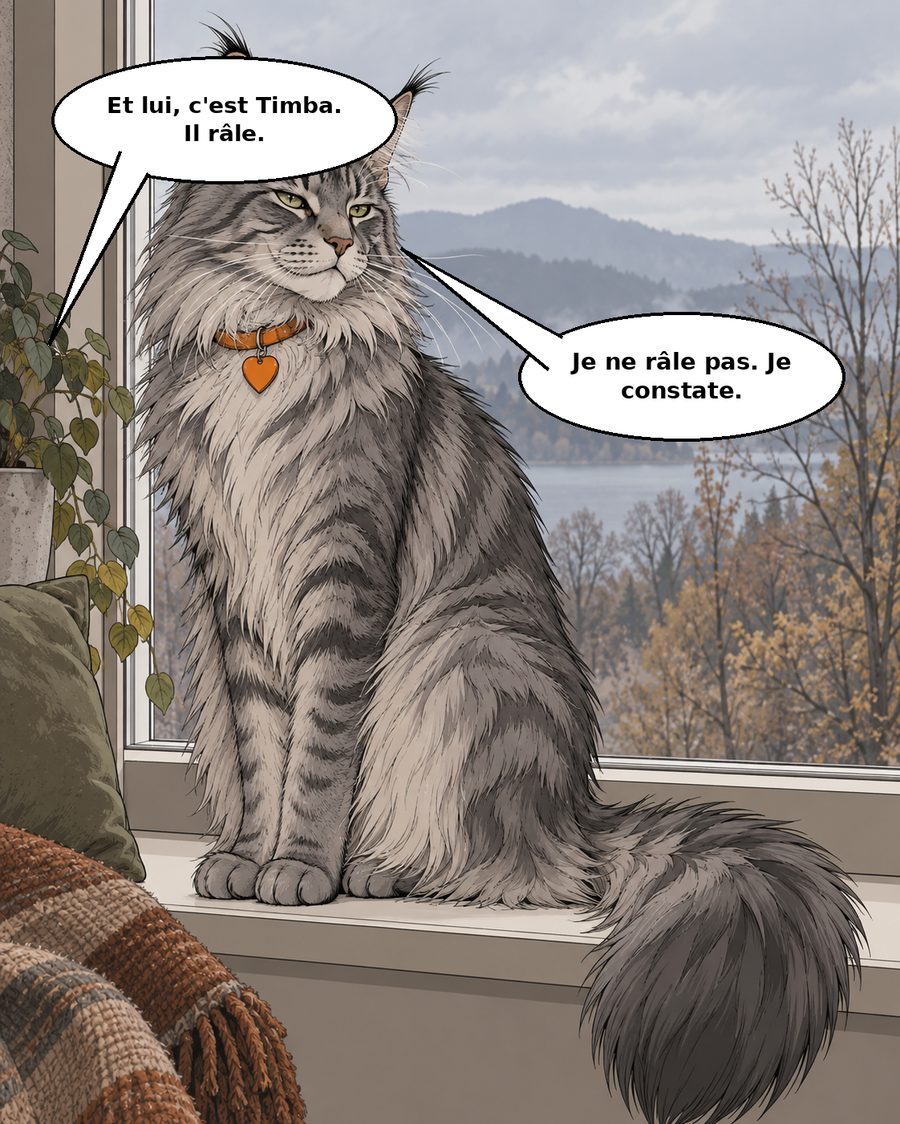 Le chat gris sur l'appui de fenêtre, devant un paysage suisse d'automne.