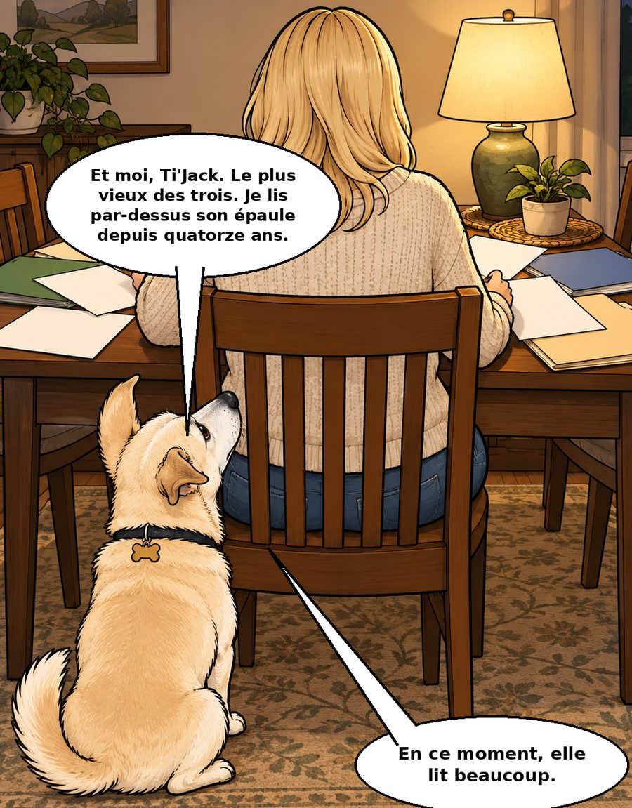 Le vieux chien beige regarde par-dessus l'épaule d'une femme penchée sur des papiers.
