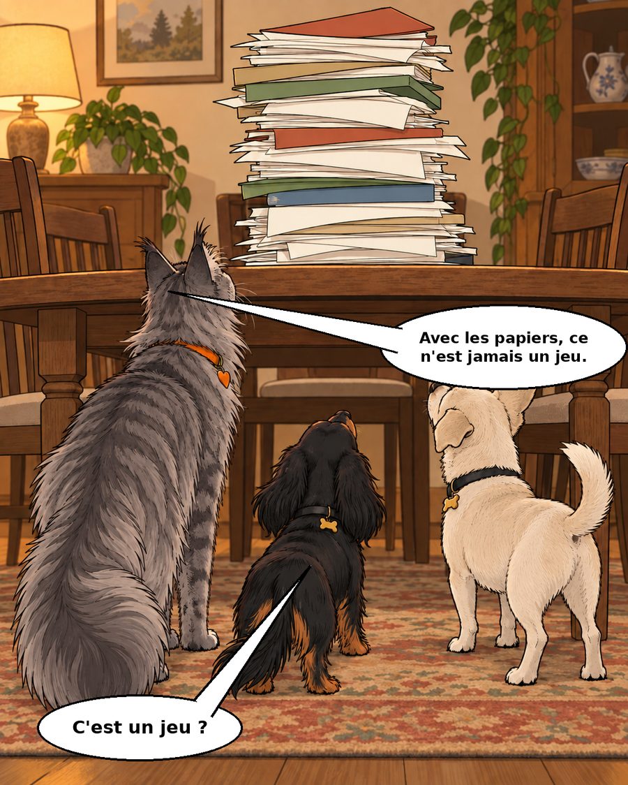 Les trois animaux, de dos, face à une pile de papiers posée sur la table.
