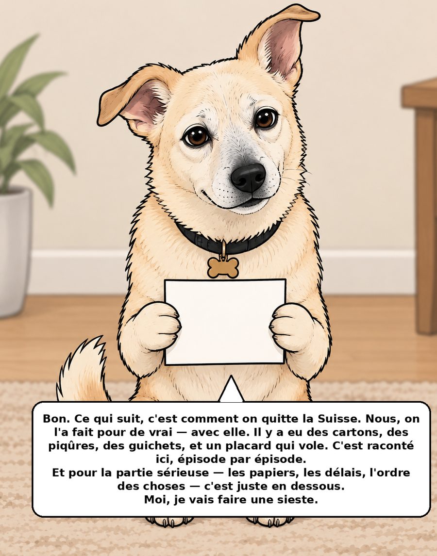 Le vieux chien beige tient une feuille entre ses pattes et regarde le lecteur.