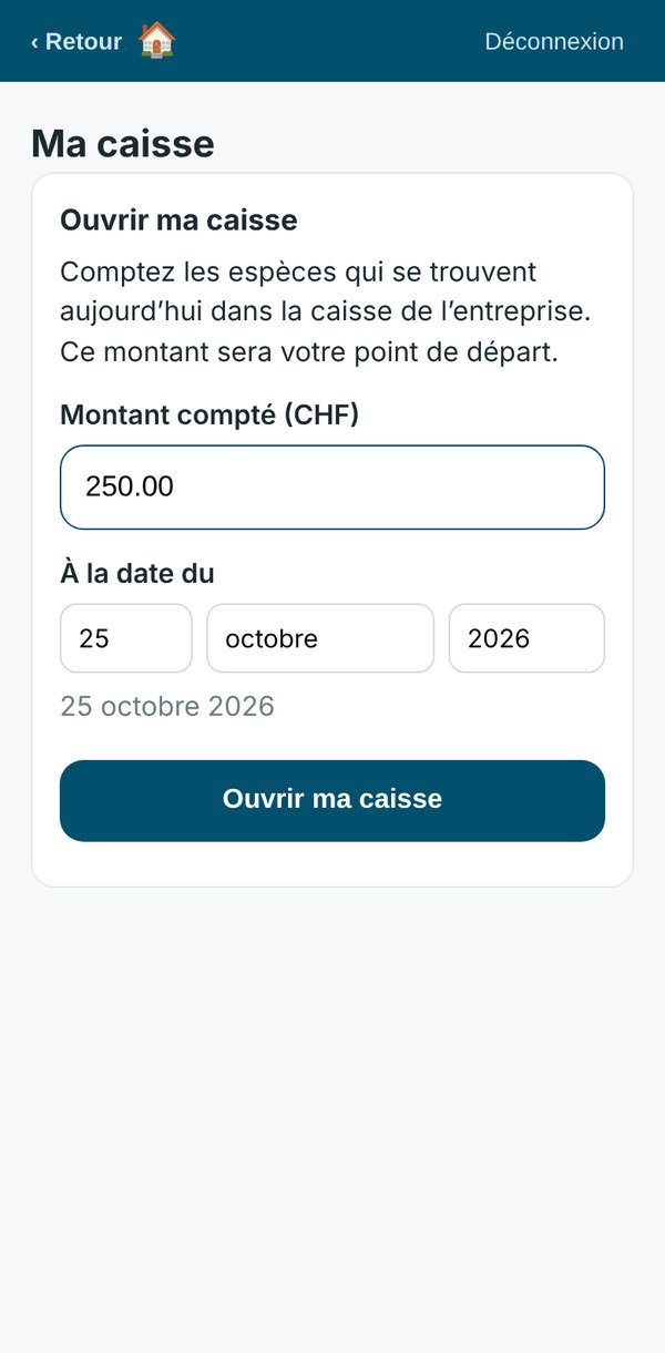 Ouvrir ma caisse : le montant compté et la date du point de départ