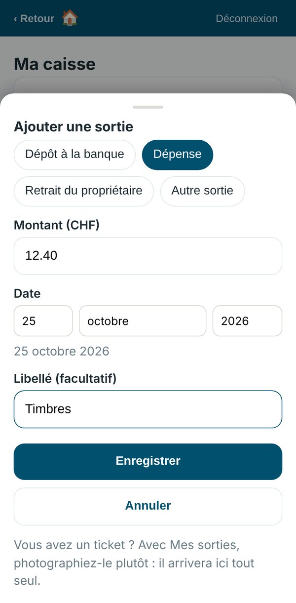 Ajouter une sortie : type, montant, date et libellé