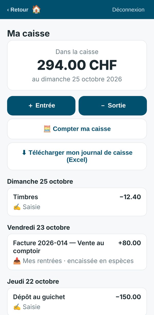 L'écran Ma caisse : solde du jour, boutons, et journal classé par jour