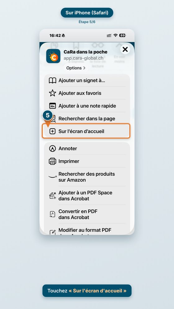 Installer CaRa dans la poche sur l'écran d'accueil