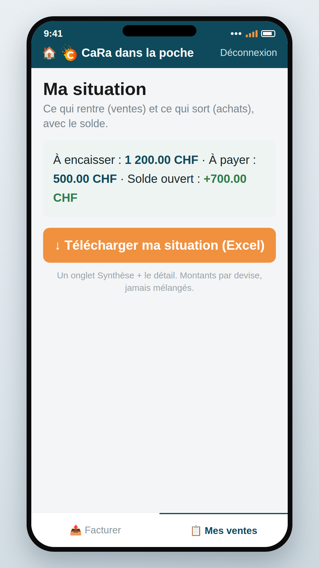 Écran « Ma situation » et téléchargement Excel